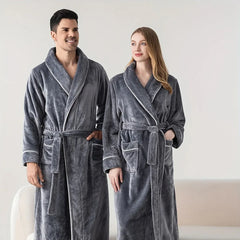 Flannel Bathrobe Set Autumn Winter Coral Fleece Nightgown for Men and Women Warm - Grey