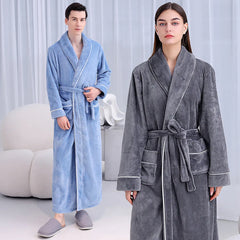 Flannel Bathrobe Set Autumn Winter Coral Fleece Nightgown for Men and Women Warm - Grey