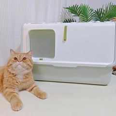 Large Fully Enclosed Cat Litter Box with Lid Odor Control Litter Pan for Cats - Green