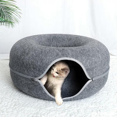 Felt Cat Tunnel Bed Donut Cave Nest for Kittens and Small Pets 50x30cm - Light Grey