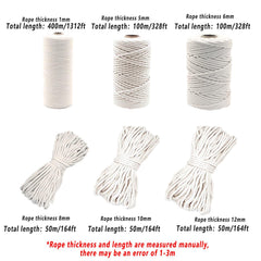 Cotton Rope Macrame Cord 1-12mm DIY Craft Tapestry Binding Decorative String - 12mm x 50m