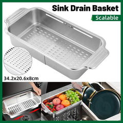 304 Stainless Steel Retractable Sink Drain Basket Kitchen Storage Rack Adjustable