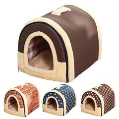 XL Size Pet House Kennel Soft Igloo Beds Cave Cat Puppy Bed Warm Cushion Fold - Brown Dots