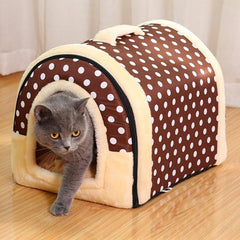 XL Size Pet House Kennel Soft Igloo Beds Cave Cat Puppy Bed Warm Cushion Fold - Brown Dots