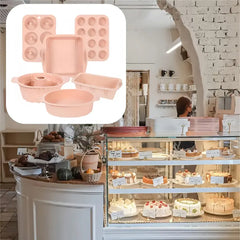 6PCS Silicone Cake Mould Set Baking Pans Nonstick Cupcake Cookie Tools Reusable - Pink