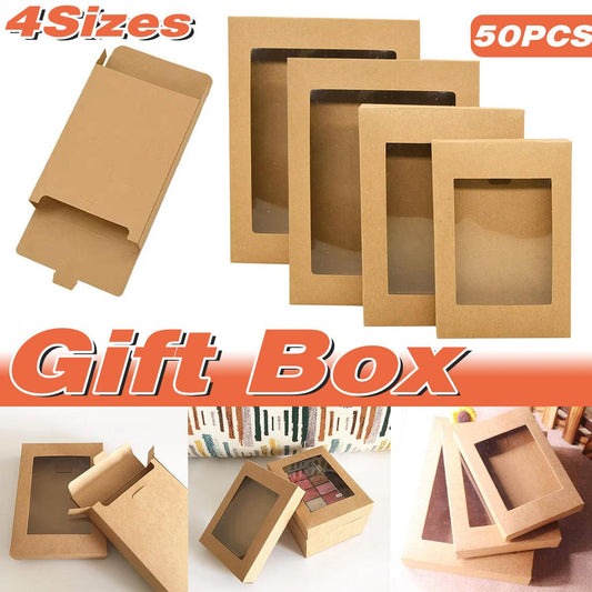 50PCS Kraft Paper Gift Boxes with PVC Window White Black Bakery Packaging Carton - L