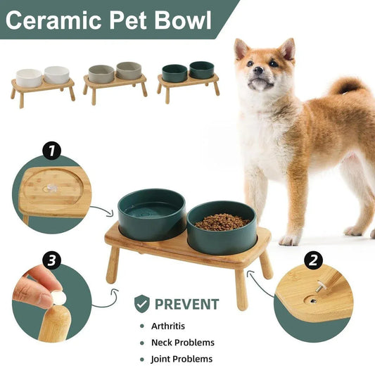 Ceramic Elevated Dog Bowl Anti-Slip Double Bowl for Small Medium Large Dogs - Grey