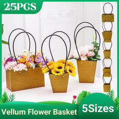 25x Kraft Paper Bag Flowers Waterproof Bouquet Basket Gift Box With Handle - 25PCS-Sq Small