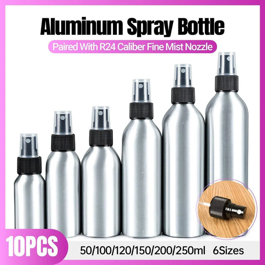 10pcs Travel Size Refillable Aluminum Spray Bottles Toner Cleaning Solution Mist - 10pcs-200ml