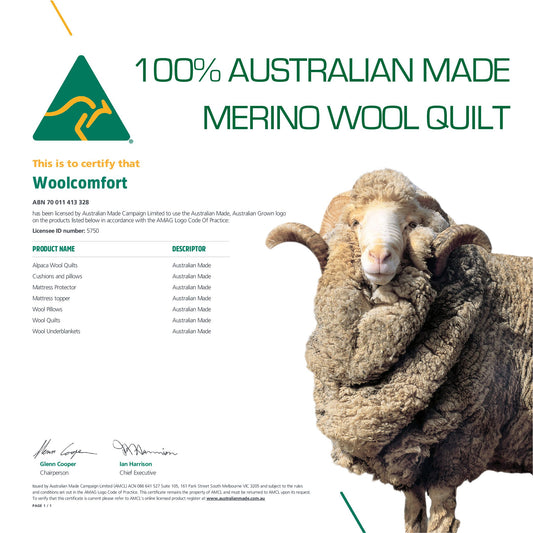 Woolcomfort Aus Made Merino Wool Quilt 700GSM 270x240cm Super King Size