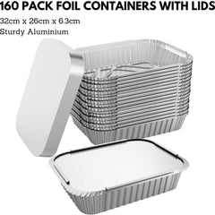 160x Aluminium Disposable Foil Food Container Trays Pans w/ Lids Covers Bulk 32cm*26cm*6.3cm