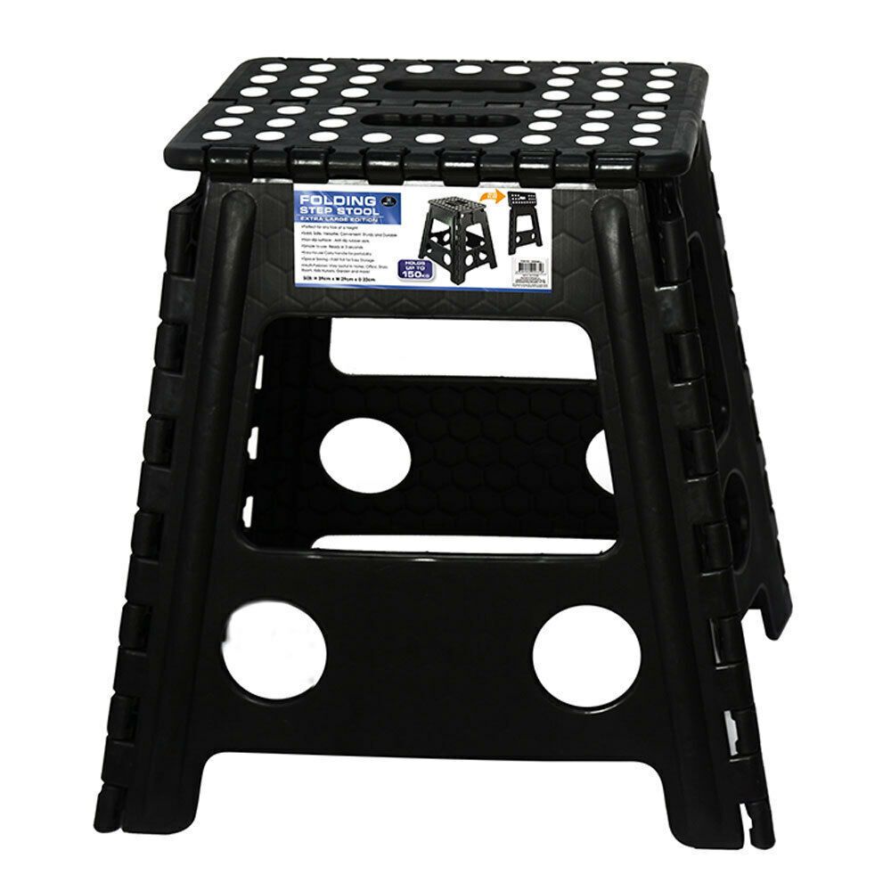 125kg Plastic Folding Stool Portable Chair 39cm Indoor/Outdoor Home - Black