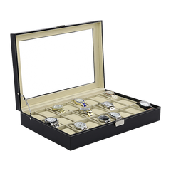 Watch Box - 24 Slot Luxury Display Case With Framed Glass Lid