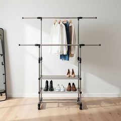 Heavy Duty Commercial Garment Rack Double Bar Rolling Collapsible Clothing Shelf
