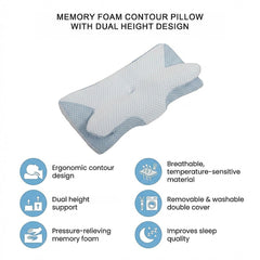Memory Foam Contour Pillow with Dual Height Design & Washable Cover