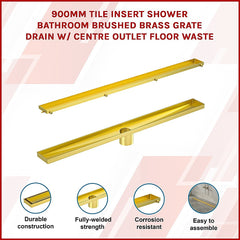 900mm Tile Insert Bathroom Shower Brushed Brass Grate Drain w/ Centre outlet Floor Waste