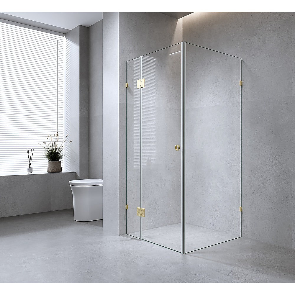 90x80cm Corner Frameless Shower Screen – Gold U-Brackets with SS Hinges for Contemporary Bathrooms