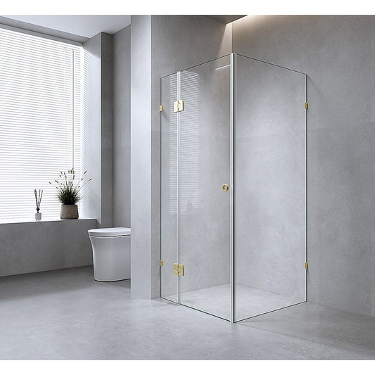 120x70cm Corner Frameless Shower Screen with Gold Brackets and SS Hinges, Round Handle