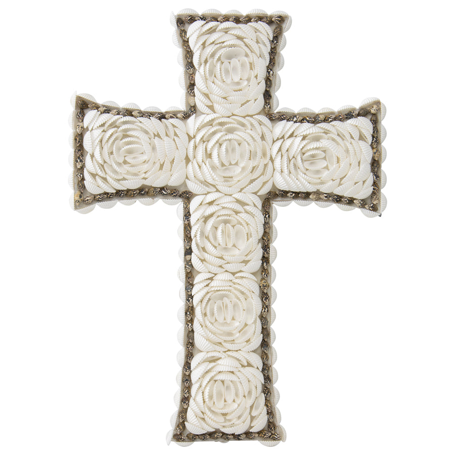 Handcrafted Weave & White Shell 'Flower' Wall Hanging Cross 16x3cm