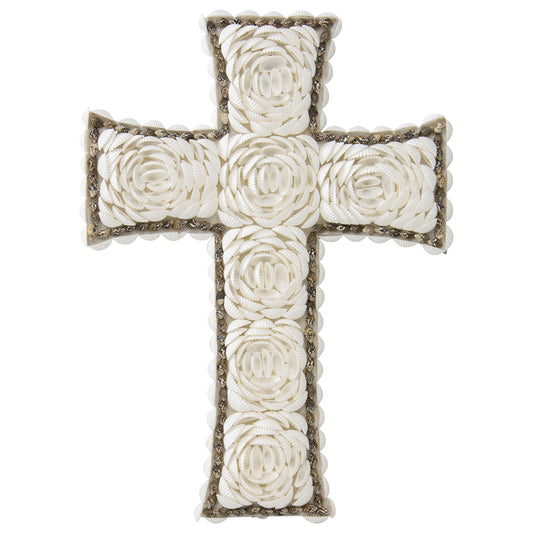 Handcrafted Weave & White Shell 'Flower' Wall Hanging Cross 16x3cm