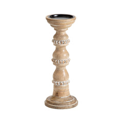 Handcrafted Mango Wood Beaded Pillar Candleholder 30cm