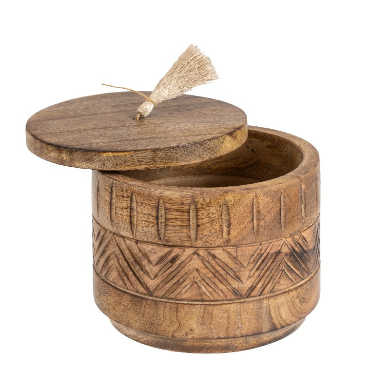 Handcrafted Round Box w Aztec Carving 15cm