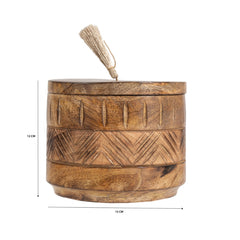 Handcrafted Round Box w Aztec Carving 15cm