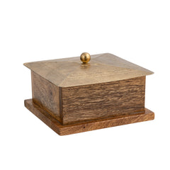 Handcrafted Square Mango Wood Box W Metal Pressed Lid 12cm