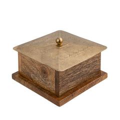 Handcrafted Square Mango Wood Box W Metal Pressed Lid 12cm