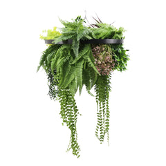 Black Framed Roof Hanging Disc With Tropical Foliage Mix and Draping Stems 60cm UV Resistant