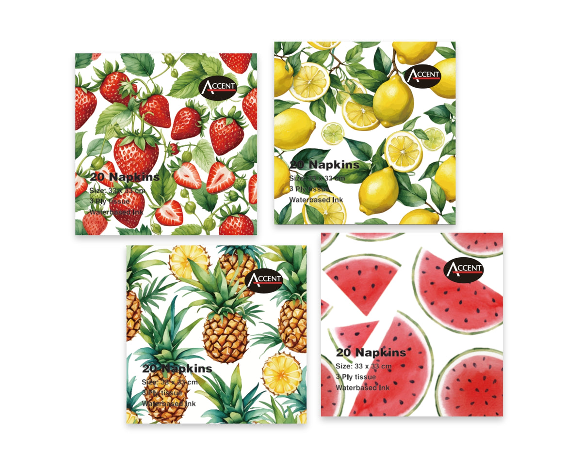 bulk 960 Fruit Print Napkins 2ply Assorted 33cm