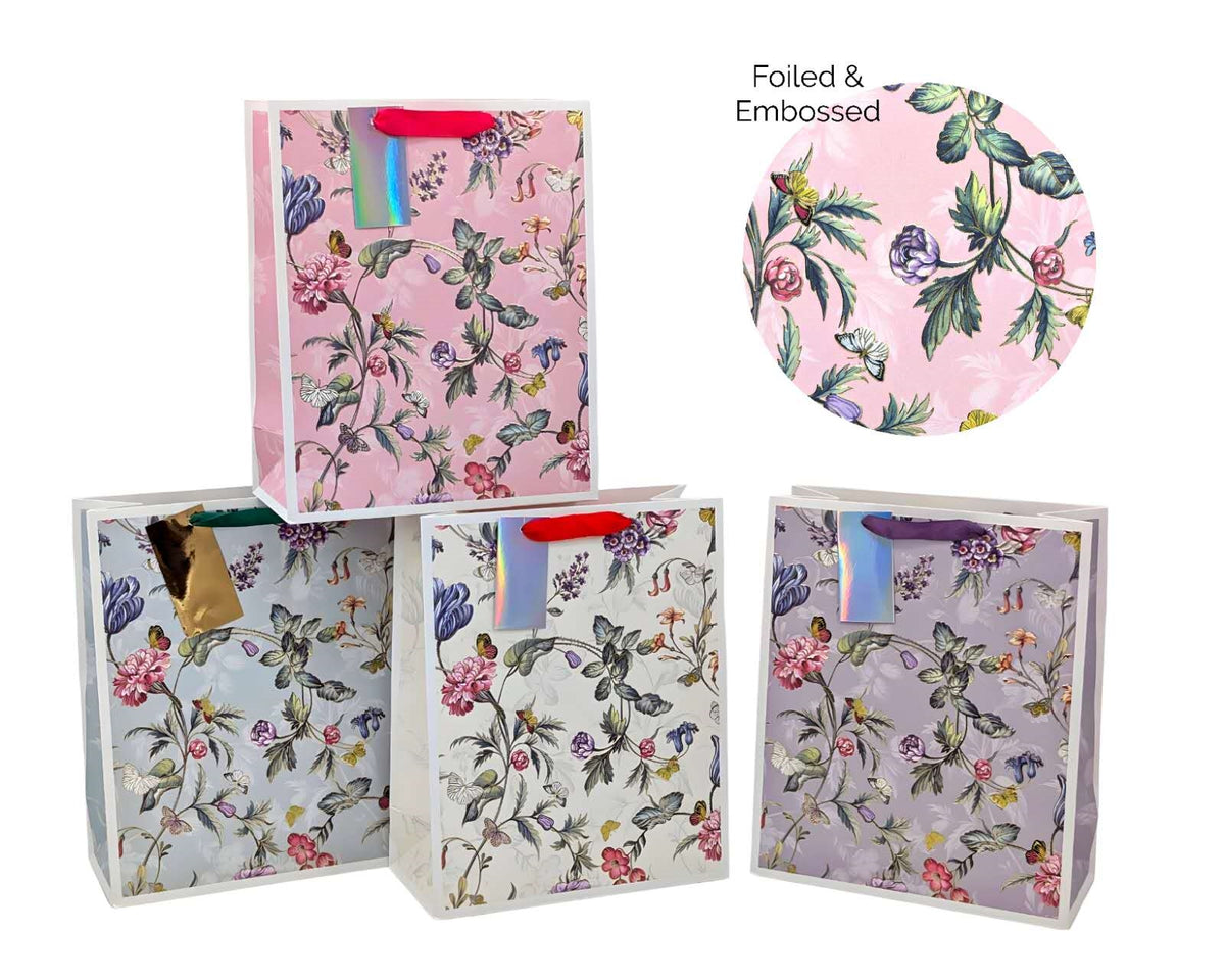 bulk 24 Large Jardin Floral Gift Bag Foiled 4 Assort 32cm