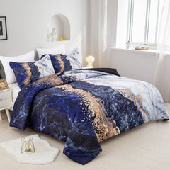 Blue Marble Comforter Set, King Size, Retro Watercolor 3-Piece Bedding Ensemble