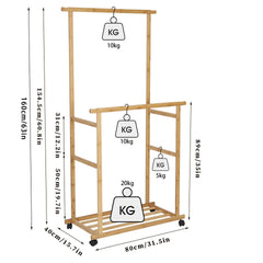 Portable Rolling Bamboo Clothes Rack for Kids with Hanging Rail