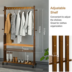 Walnut Wood Rolling Clothing Garment Rack Open Wardrobe Entryway Bedroom Shop