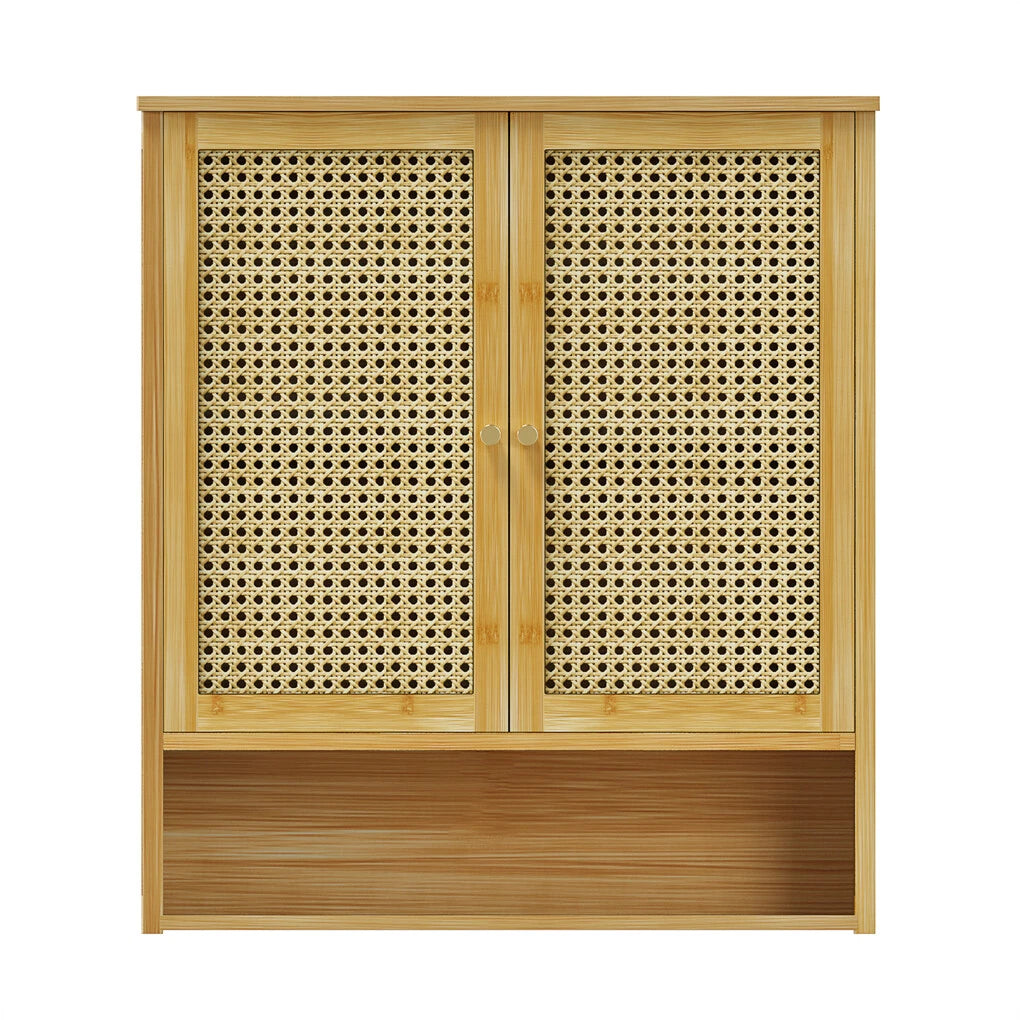 3 Tier Bathroom Wall Cabinet Rattan Door Bamboo Storage Shelf Over Toilet Cupboard Organizer