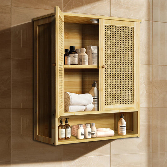 3 Tier Bathroom Wall Cabinet Rattan Door Bamboo Storage Shelf Over Toilet Cupboard Organizer