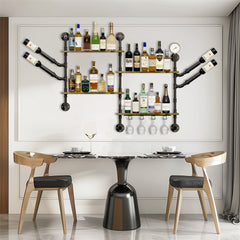 Industrial Pipe Bar Wall Liquor Shelf Floating Shelves with Wine Glass Holder
