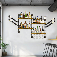 Industrial Pipe Bar Wall Liquor Shelf Floating Shelves with Wine Glass Holder