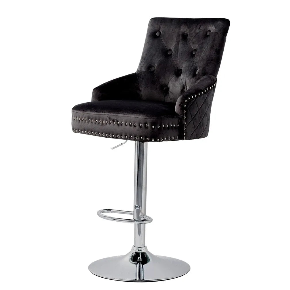 Luxury Black Velvet Swivel Bar Stool With Lion Knocker & Cross Stitch High Back