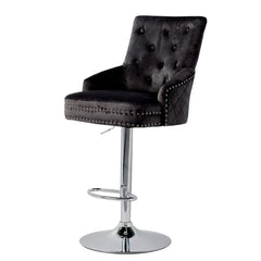 Luxury Black Velvet Swivel Bar Stool With Lion Knocker & Cross Stitch High Back