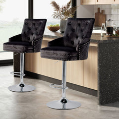 Luxury Black Velvet Swivel Bar Stool With Lion Knocker & Cross Stitch High Back