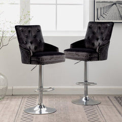 Luxury Black Velvet Swivel Bar Stool With Lion Knocker & Cross Stitch High Back