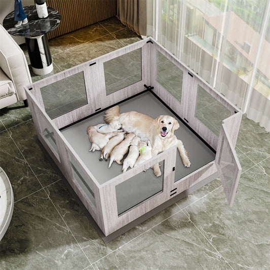 Fin 8 Panel Safest Tempered Glass Dog Whelping Pen Box Shatter-Proof Playpen Exercise Box