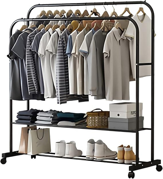 Heavy Thicken Metal Double Clothes Rail Sturdy Open Hanging Shelf Storage Rack