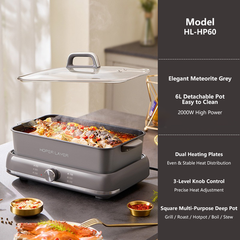 HOPER LAYER Electric Hot Pot 6L – Multifunctional Nonstick Cooker with Grill, Boil, Simmer & Fry Modes 2000W Power, Square Removable Pot