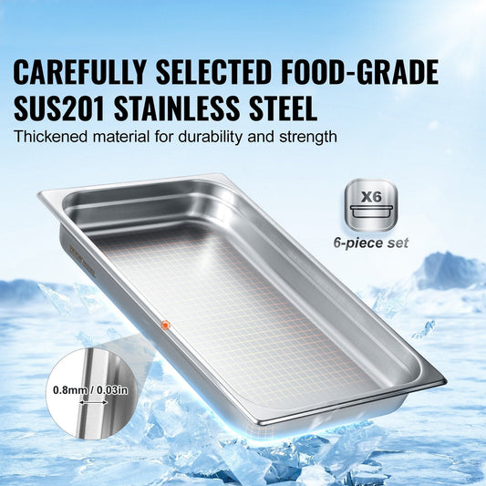 6 Pack Hotel Pans, Full Size Anti-Jam Steam Pan, 0.8mm Thick Stainless Steel Restaurant Steam Table Pan, 2.5-Inch Deep Commercial Table Pan, Catering Storage Food Pan, for Industrial & Scientifi