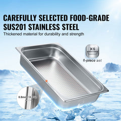 6 Pack Hotel Pans, Full Size Anti-Jam Steam Pan, 0.8mm Thick Stainless Steel Restaurant Steam Table Pan, 4-Inch Deep Commercial Table Pan, Catering Storage Food Pan, for Industrial & Scientific