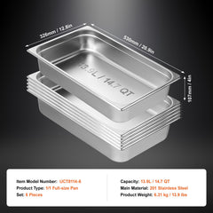 6 Pack Hotel Pans, Full Size Anti-Jam Steam Pan, 0.8mm Thick Stainless Steel Restaurant Steam Table Pan, 4-Inch Deep Commercial Table Pan, Catering Storage Food Pan, for Industrial & Scientific