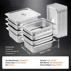 8 Pack Hotel Pans, 1/2 Size Anti-Jam Steam Pan with Lid, 0.8mm Thick Stainless Steel Steam Table Pan, 4-Inch Deep Commercial Table Pan, Catering Storage Food Pan, for Industrial & Scientific